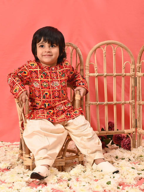 Boy's' Red Patola Print Festive Kurta Pyjama Set